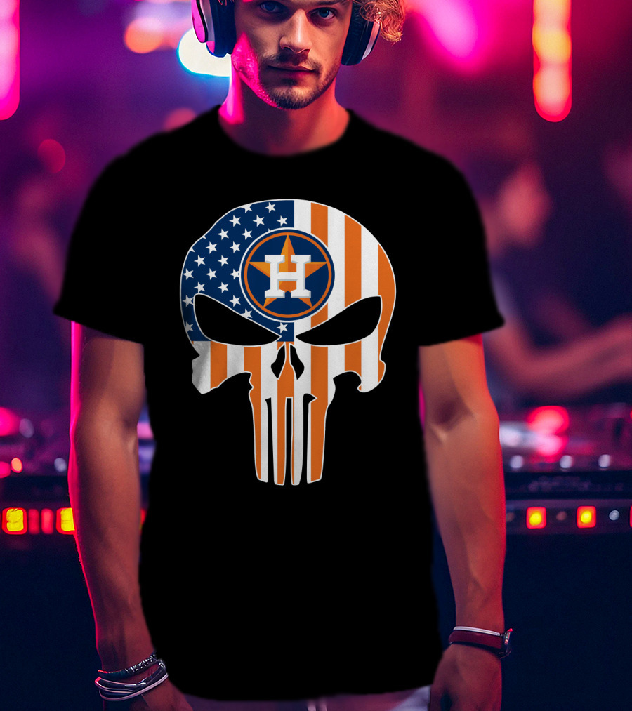 Houston Astros American Flag Skull Punisher Style T-Shirt