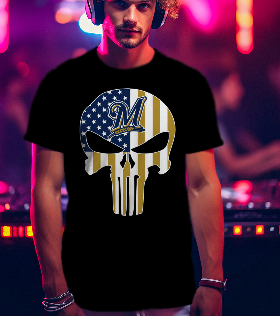 Milwaukee Brewers American Flag Skull T-Shirt