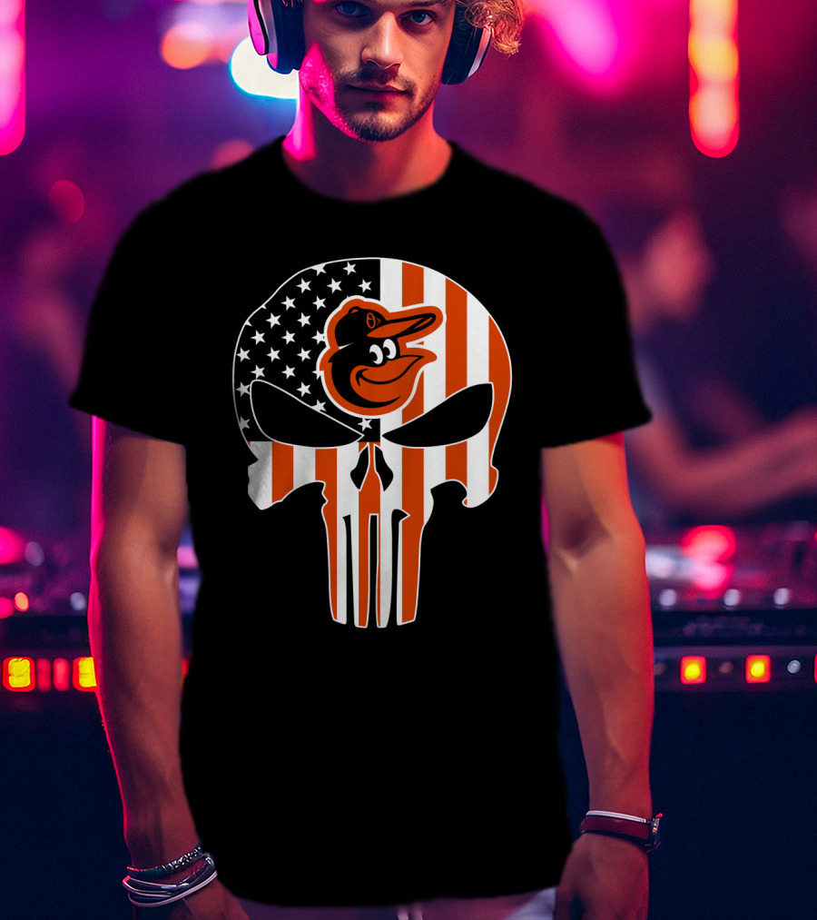 Baltimore Orioles Punisher Skull American Flag T-Shirt