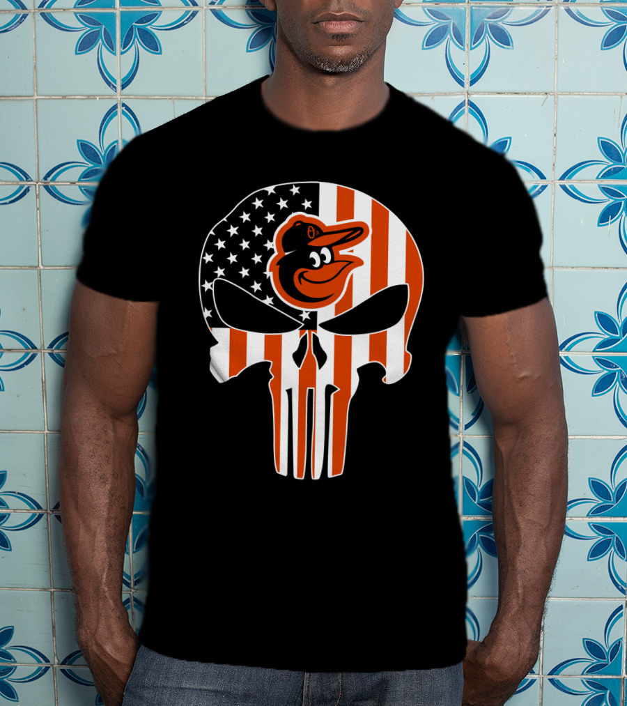 Baltimore Orioles Punisher Skull American Flag T-Shirt