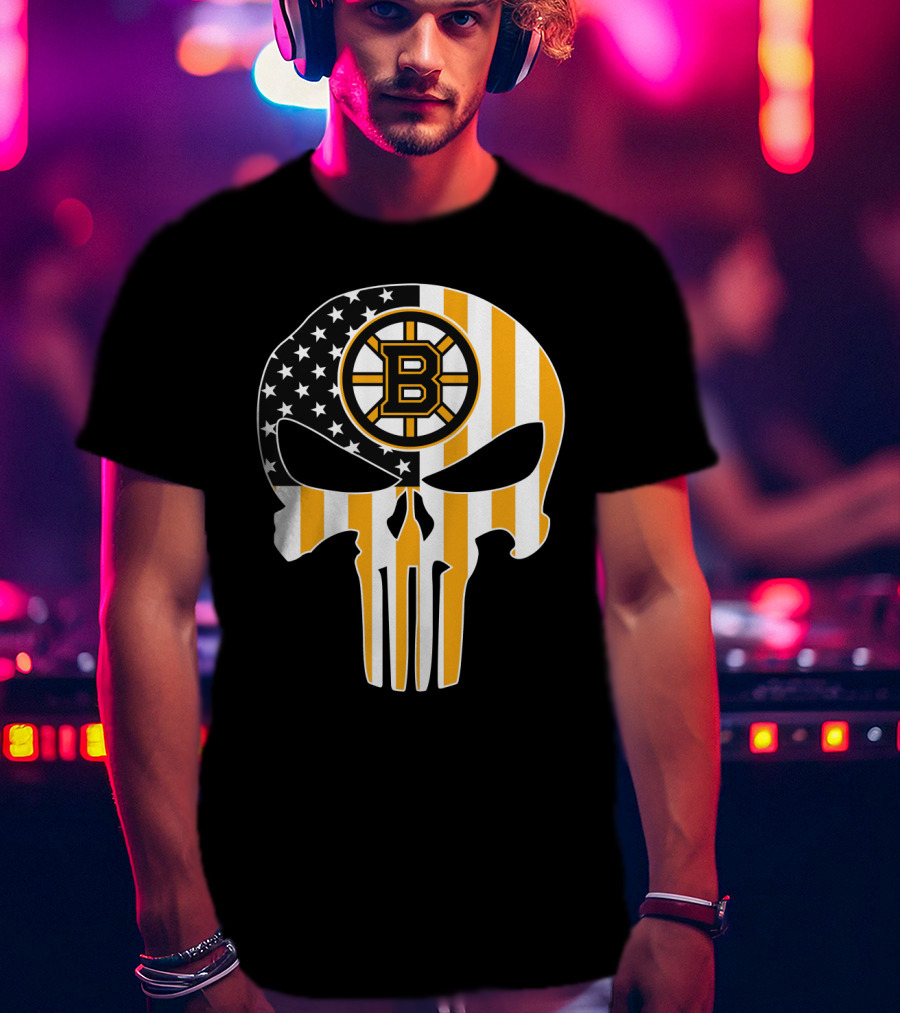 Boston Bruins Punisher Skull American Flag T-Shirt
