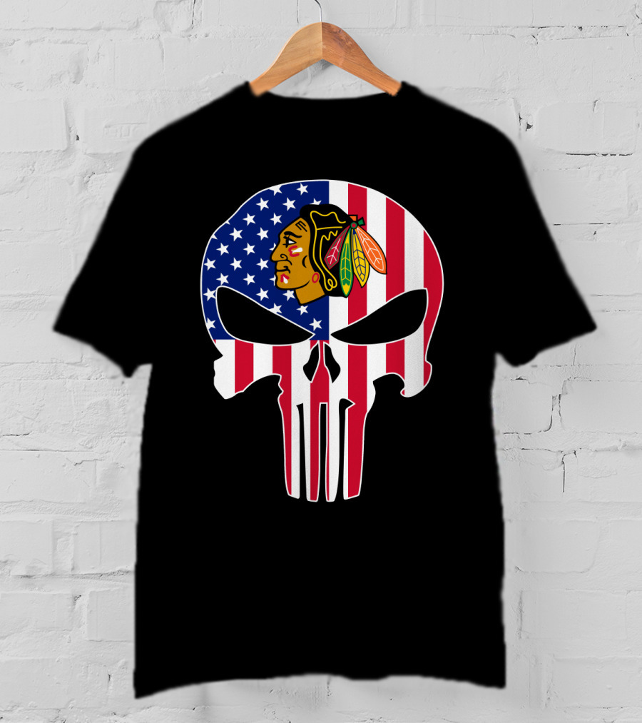 Chicago Blackhawks Punisher Skull American Flag T-Shirt
