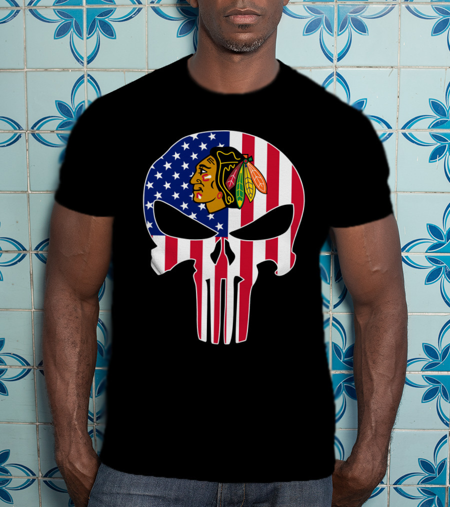 Chicago Blackhawks Punisher Skull American Flag T-Shirt