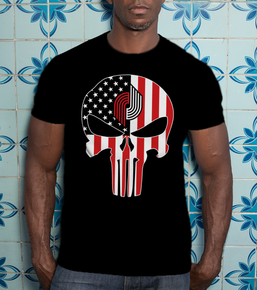 Portland Trail Blazers Punisher American Flag Skull T-Shirt
