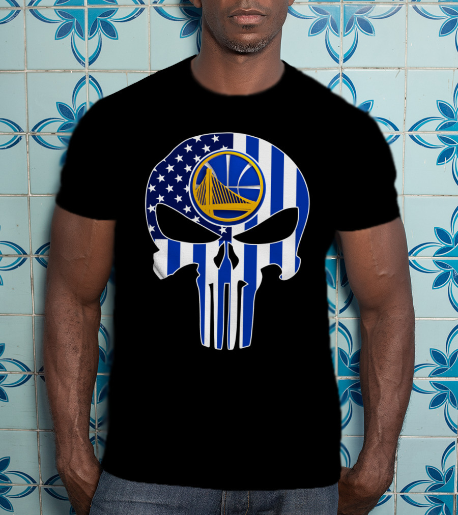 Golden State Warriors Skull Blue American Flag T-Shirt