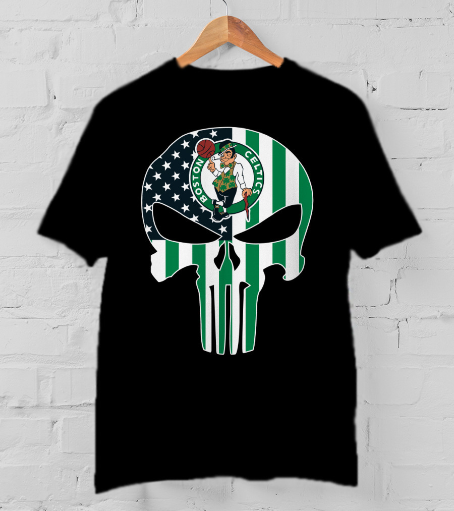 Boston Celtics American Flag Punisher Skull T-Shirt