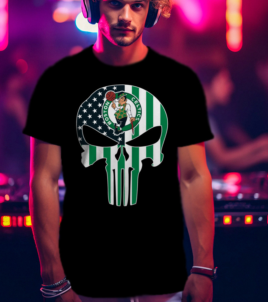 Boston Celtics American Flag Punisher Skull T-Shirt