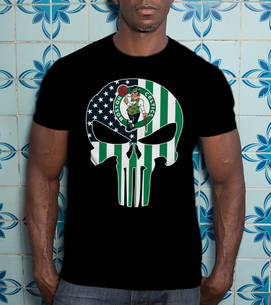 Boston Celtics American Flag Punisher Skull T-Shirt