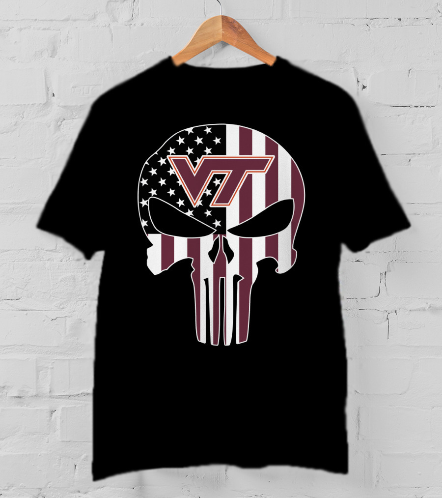 Virginia Tech Hokies Vt American Flag Skull T-Shirt