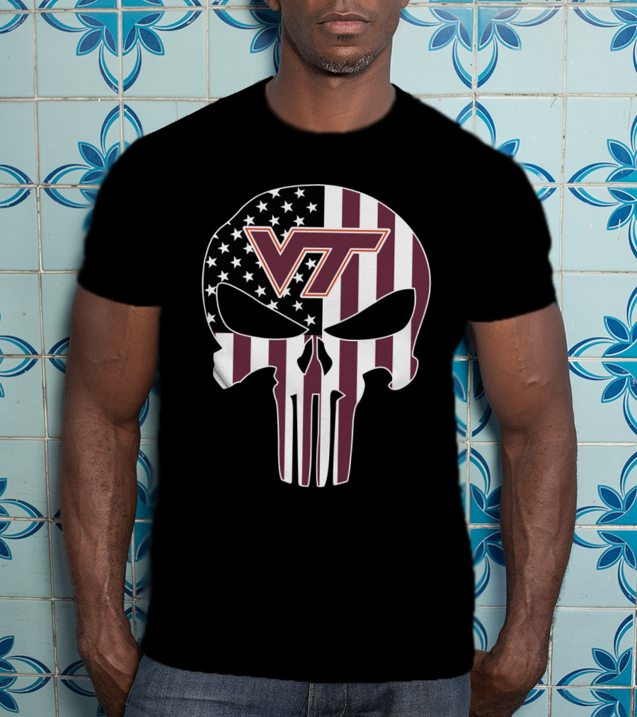 Virginia Tech Hokies Vt American Flag Skull T-Shirt