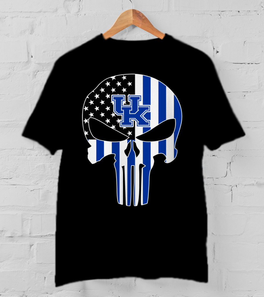 Uk Wildcats Punisher Skull American Flag Blue Stripes T-Shirt
