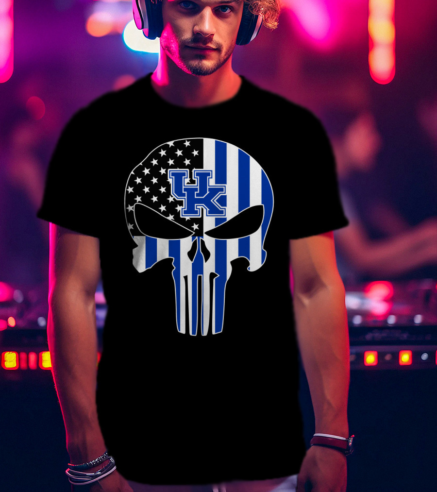 Uk Wildcats Punisher Skull American Flag Blue Stripes T-Shirt