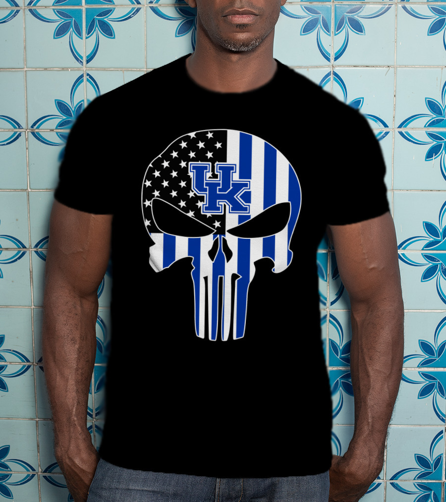 Uk Wildcats Punisher Skull American Flag Blue Stripes T-Shirt
