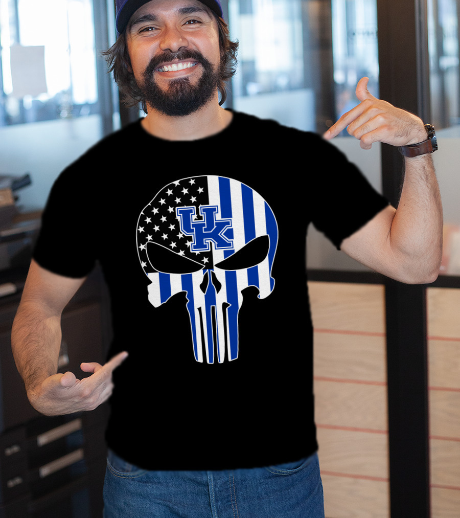 Uk Wildcats Punisher Skull American Flag Blue Stripes T-Shirt