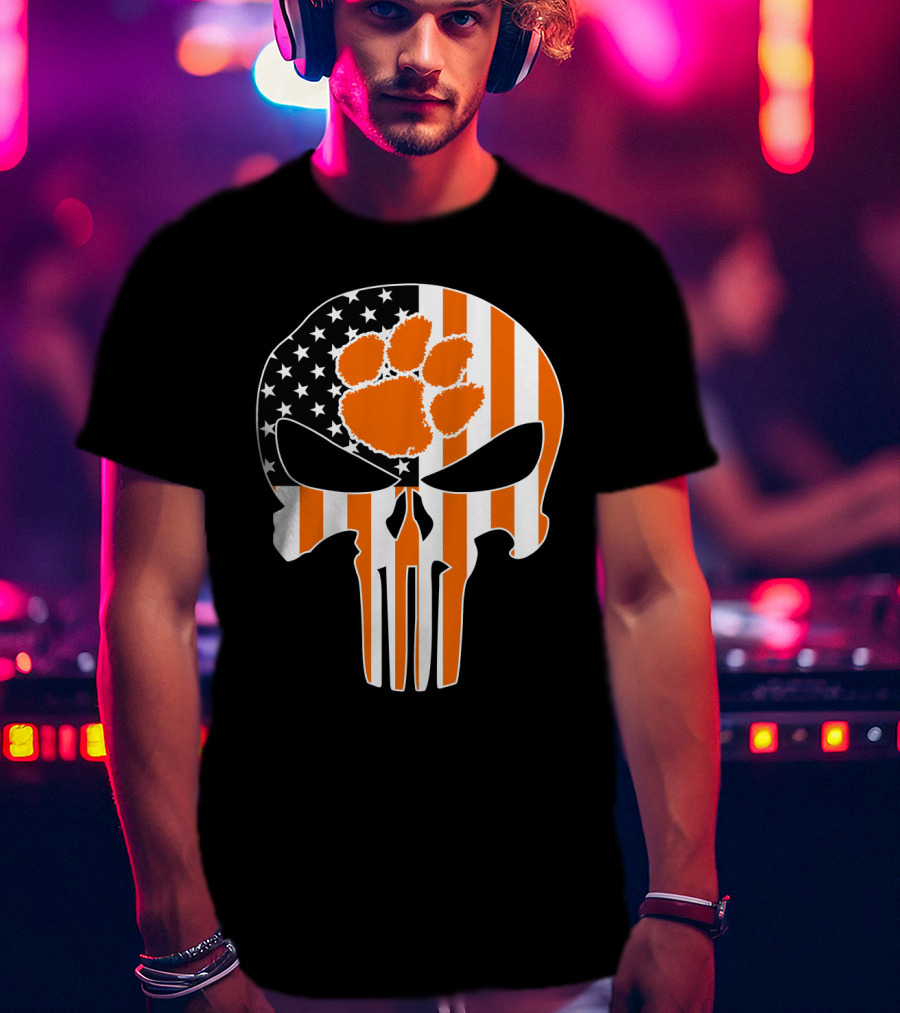 Clemson Tigers Paw Skull American Flag T-Shirt