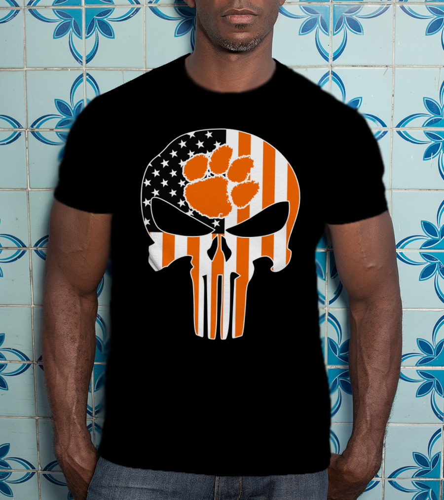 Clemson Tigers Paw Skull American Flag T-Shirt