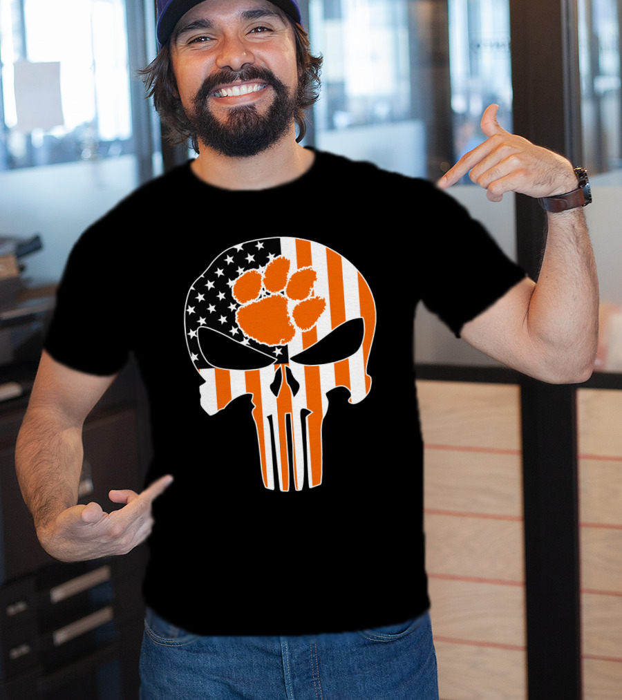 Clemson Tigers Paw Skull American Flag T-Shirt