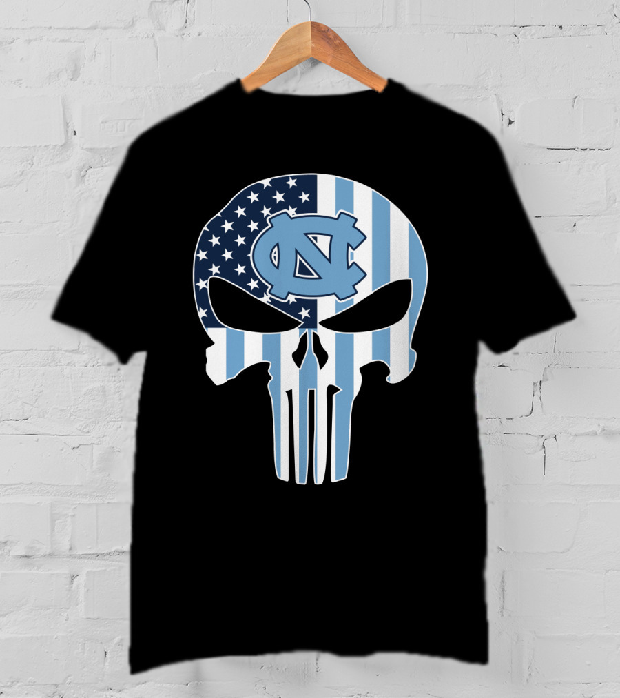 North Carolina Tar Heels Skull American Flag T-Shirt