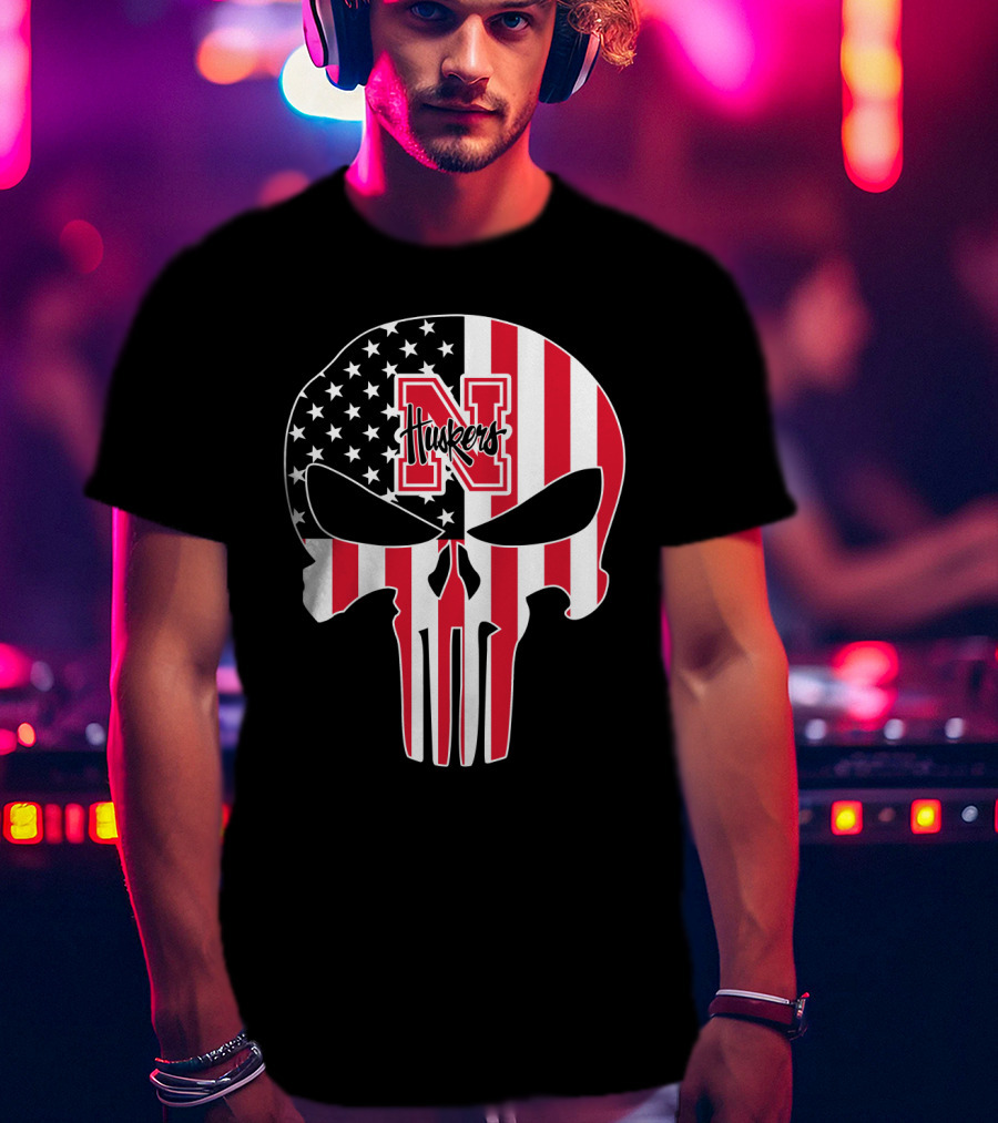 Nebraska Cornhuskers American Flag Skull Punisher T-Shirt