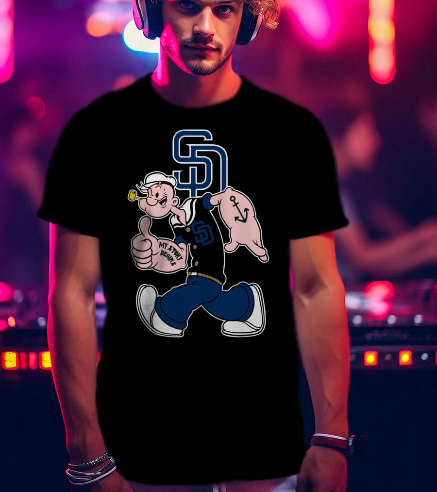 San Diego Padres Popeye Character With Sd Logo And Anchor Tattoo T-Shirt