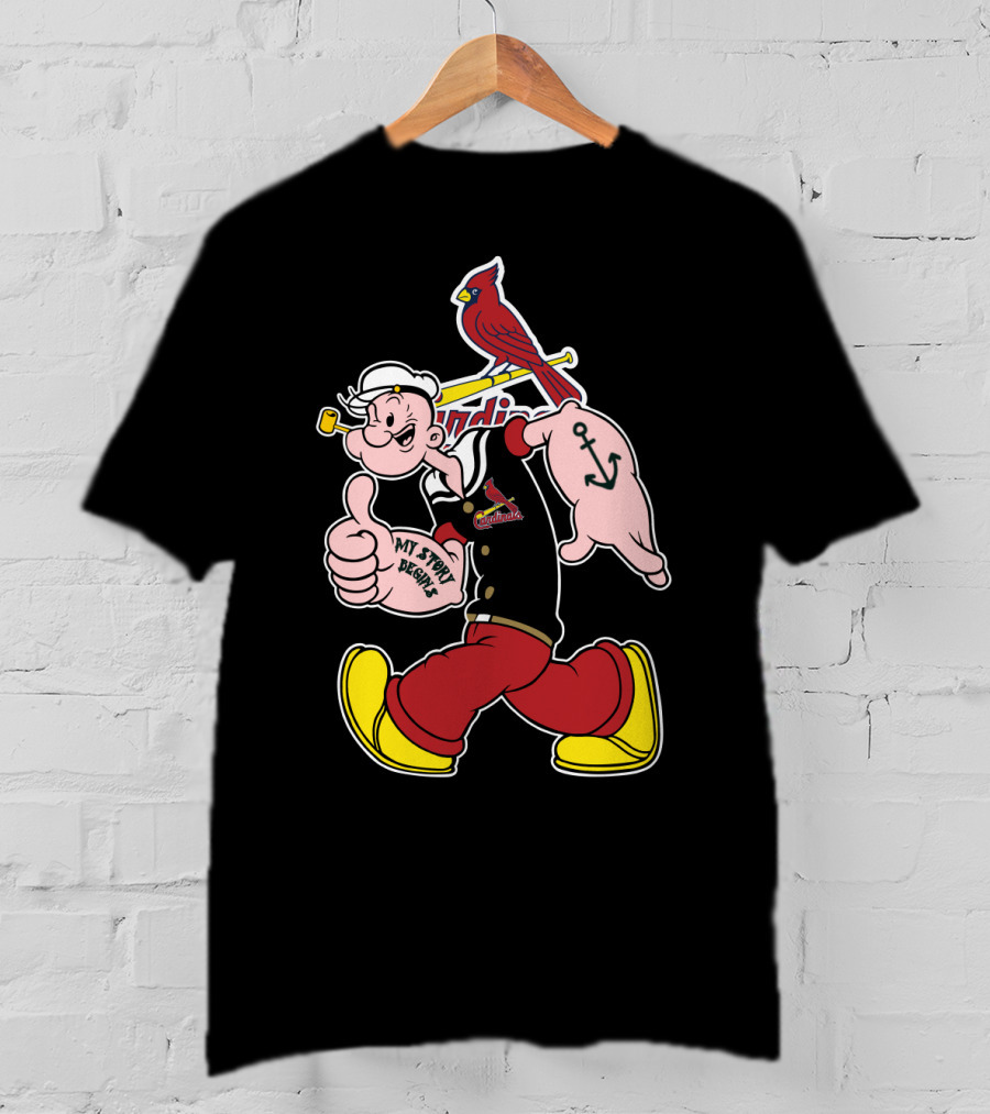 Popeye Thumbs Up With St. Louis Cardinals Logo And Cardinal Bird On Bat T-Shirt