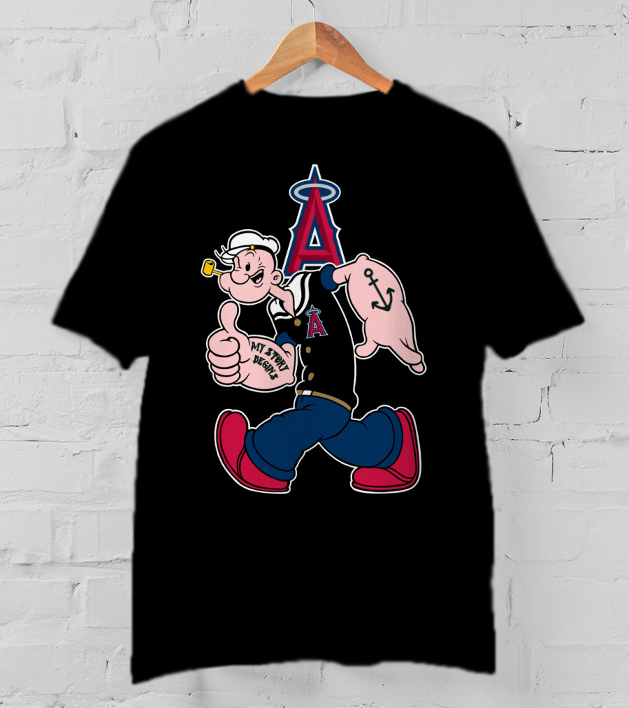 Popeye Thumbs Up Los Angeles Angels Mlb Collaboration With My Story Begins Anchor Tattoo T-Shirt