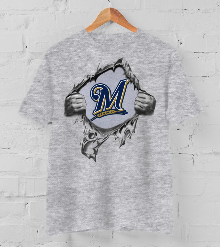 Milwaukee Brewers Ripped Metal Logo With Hands And Baseball Wheat Symbol T-Shirt