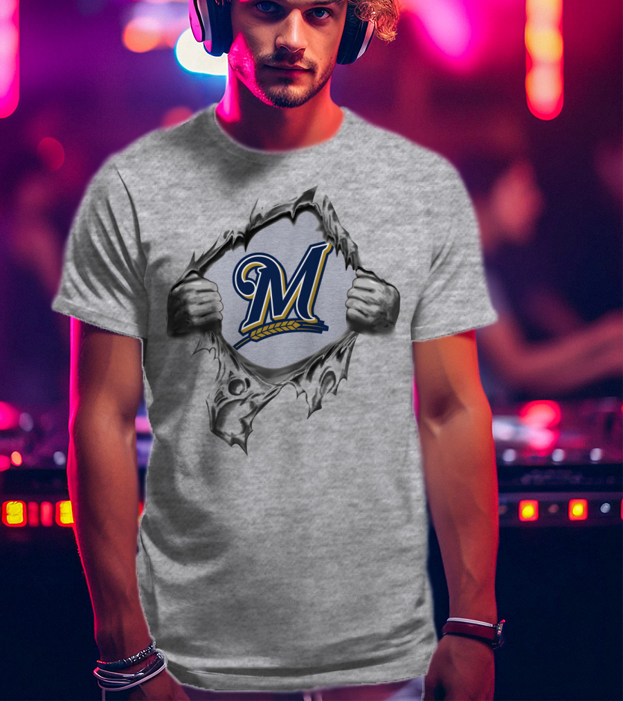 Milwaukee Brewers Ripped Metal Logo With Hands And Baseball Wheat Symbol T-Shirt