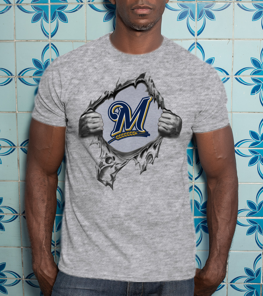 Milwaukee Brewers Ripped Metal Logo With Hands And Baseball Wheat Symbol T-Shirt