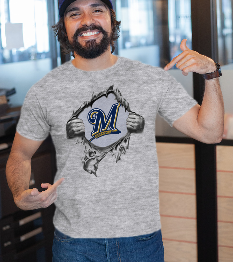 Milwaukee Brewers Ripped Metal Logo With Hands And Baseball Wheat Symbol T-Shirt