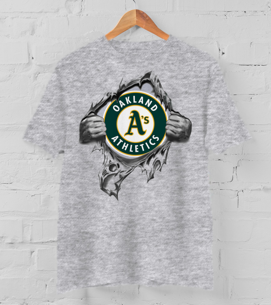 Oakland Athletics A's Emblem Revealed Through Torn Fabric T-Shirt