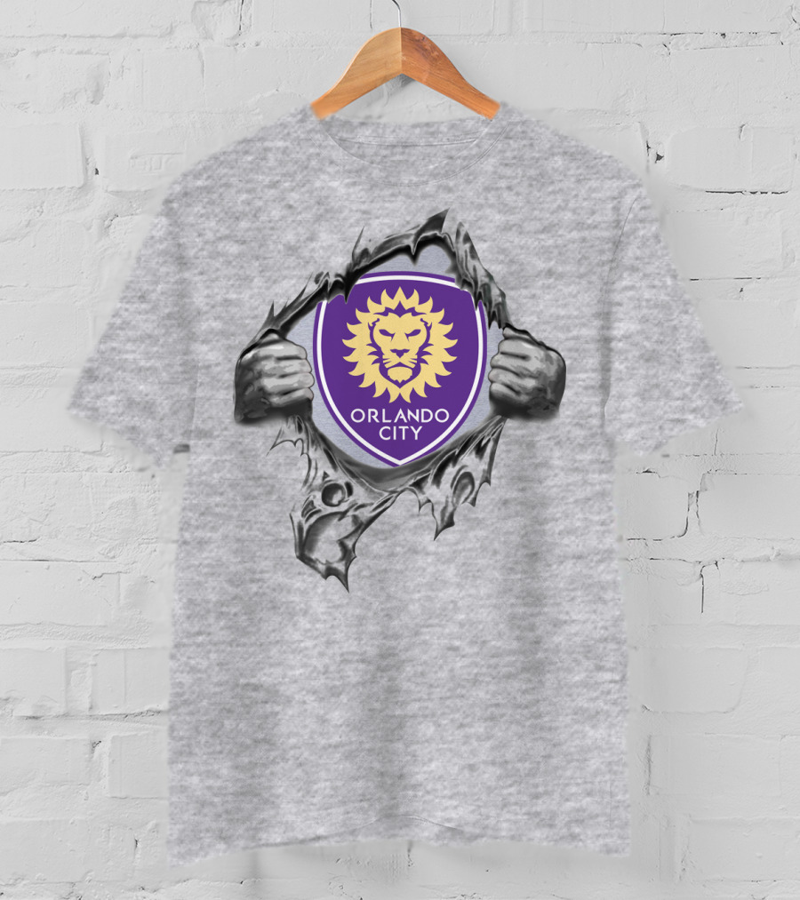 Orlando City Sc Lion Shield Peeking Through Ripped Gray T-Shirt