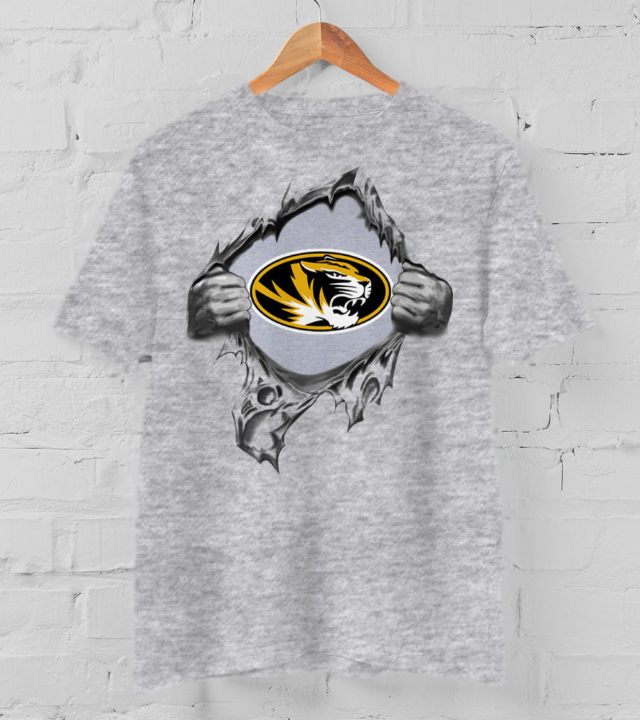 Missouri Tigers Logo Ripping Through Gray T-Shirt