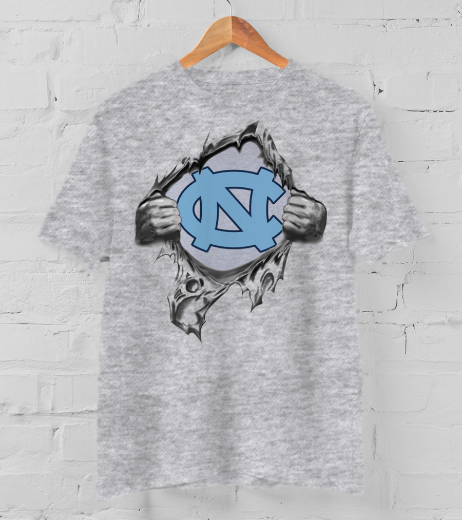Unc Tar Heels Logo Peeking Through Ripped Gray Fabric T-Shirt