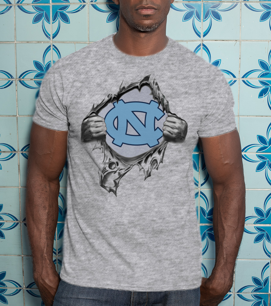 Unc Tar Heels Logo Peeking Through Ripped Gray Fabric T-Shirt