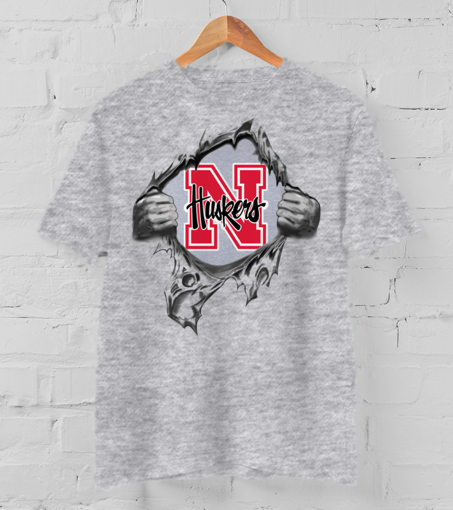 Nebraska Huskers Logo Inside Ripped Design With Hands And Red N T-Shirt