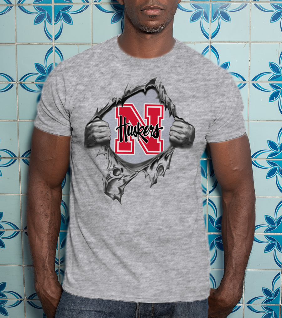 Nebraska Huskers Logo Inside Ripped Design With Hands And Red N T-Shirt