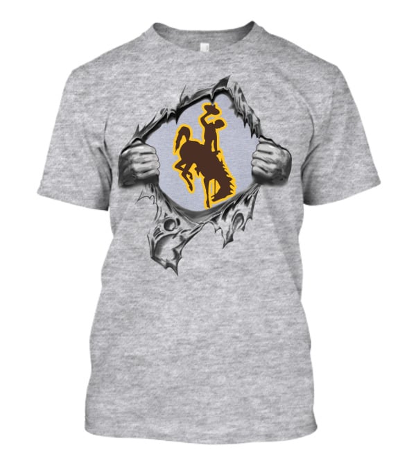 Wyoming Cowboys Bucking Horse And Rider Symbol Tearing Through Surface T-Shirt