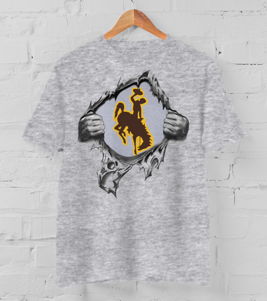 Wyoming Cowboys Bucking Horse And Rider Symbol Tearing Through Surface T-Shirt