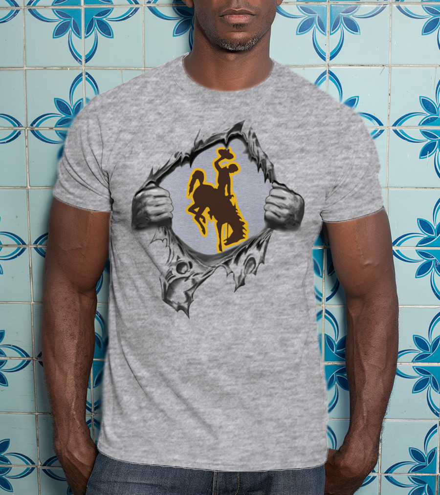 Wyoming Cowboys Bucking Horse And Rider Symbol Tearing Through Surface T-Shirt