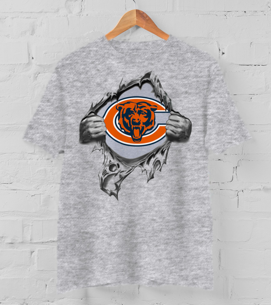 Chicago Bears Logo In Ripped Background With Orange Bear Face T-Shirt