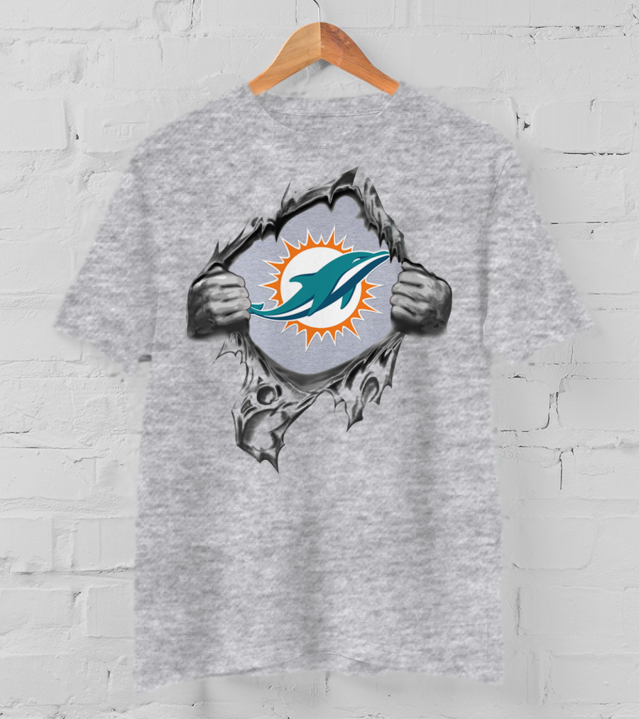 Miami Dolphins Logo In Ripped Metal Design Featuring Team T-Shirt