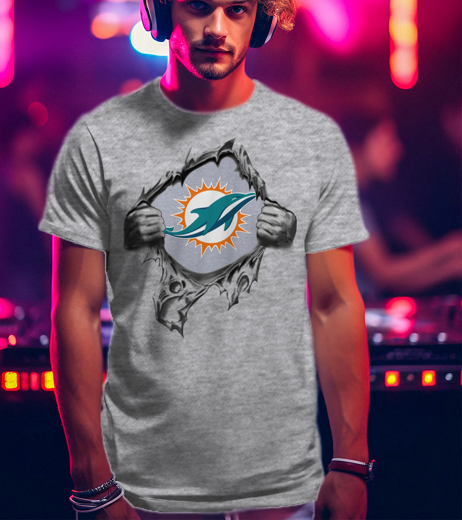 Miami Dolphins Logo In Ripped Metal Design Featuring Team T-Shirt