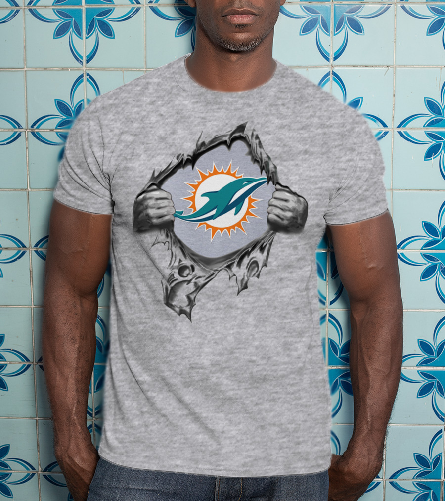 Miami Dolphins Logo In Ripped Metal Design Featuring Team T-Shirt