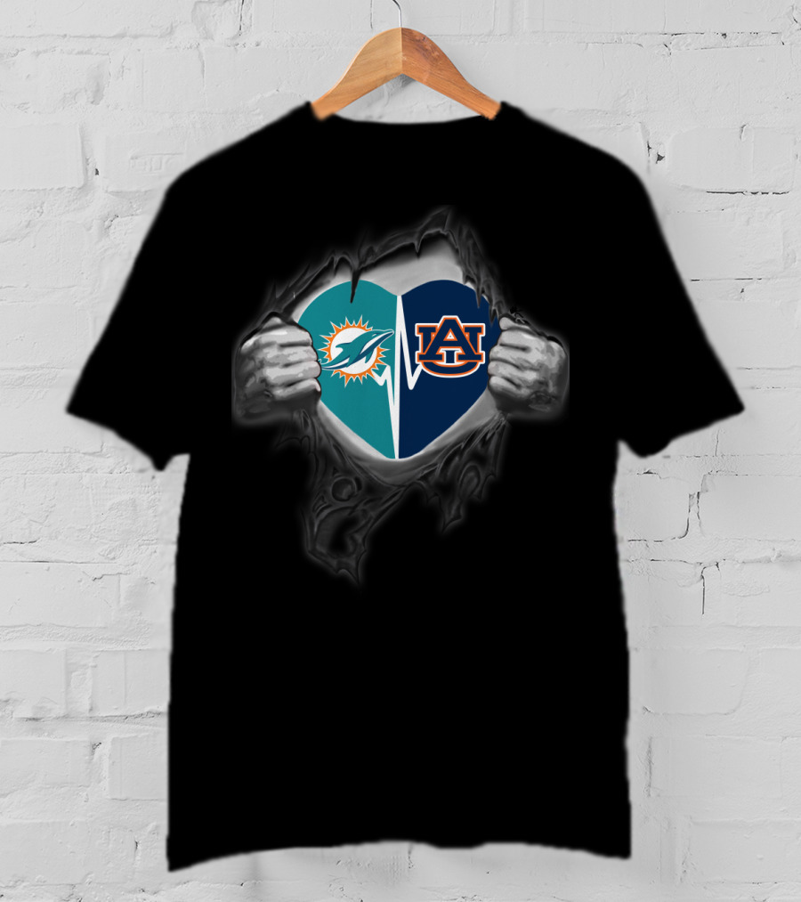 Miami Dolphins Auburn Tigers Heart T-Shirt