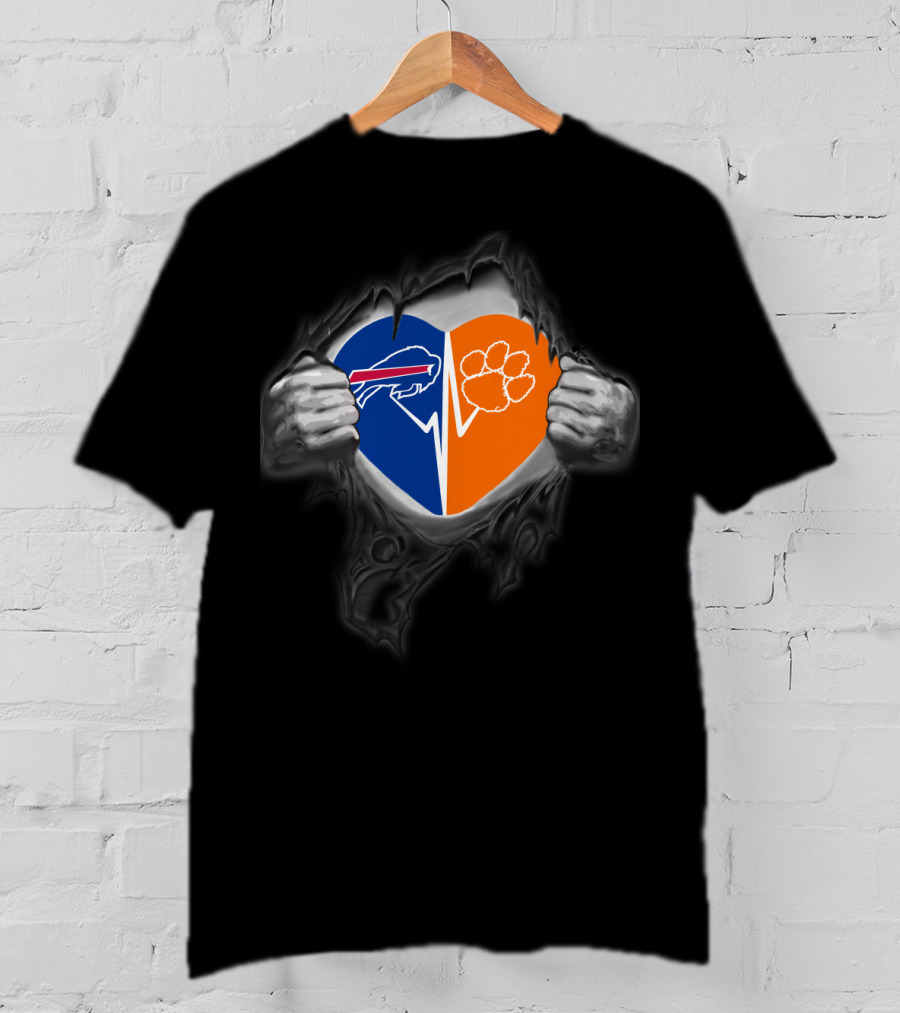 Buffalo Bills Heart Clemson Tigers Paws Logo Peeking T-Shirt