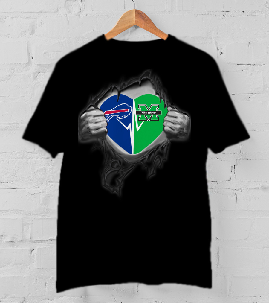 Buffalo Bills And Marshall Thundering Herd Heart Emblem With Torn Hands T-Shirt
