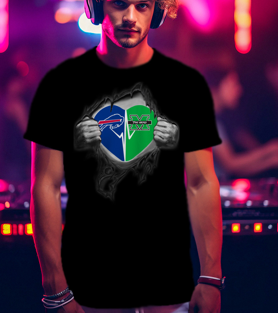 Buffalo Bills And Marshall Thundering Herd Heart Emblem With Torn Hands T-Shirt