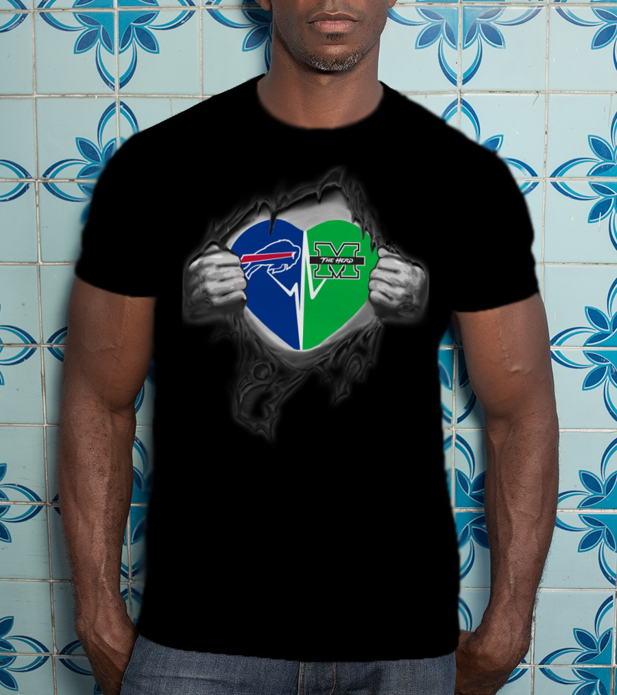 Buffalo Bills And Marshall Thundering Herd Heart Emblem With Torn Hands T-Shirt