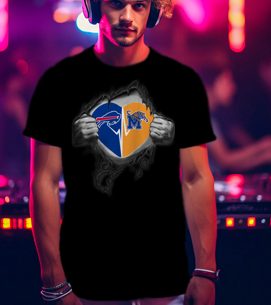 Buffalo Bills Heart Memphis Tigers Logo Fan Collaboration T-Shirt